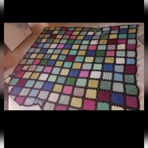 Vintage Handmade Crochet Grannycore Square Boho Square Blanket Throw. 78" x 76"